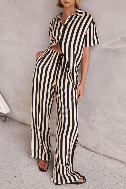 'Bronte' Striped Half Sleeve Top and Pants Set - Celes Fashion